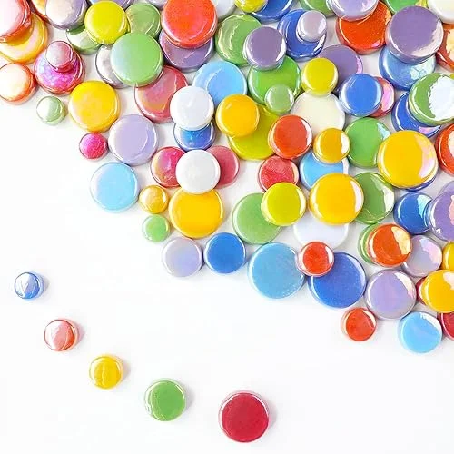 1 LB Penny Round Mosaic Tiles, 10mm ~20mm 5sizes Iridescent Rounds Recycled Glass Tiles Mix for Adults & Kids DIY Mosaic Making Garden Project (All Mix)
