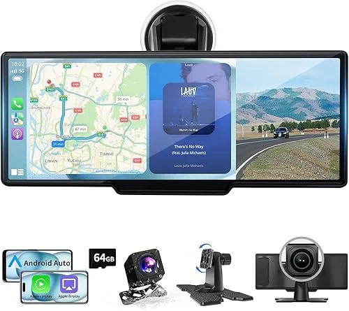 10.26′ Wireless Carplay Screen with 4K Dash Cam, Portable Android Auto Screen, Car Stereo with 1080P Backup Camera, HD Touch Screen for All Vehicles, GPS Navigation, Mirror Link, Voice Control