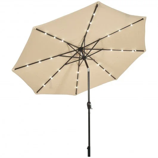 10′ Solar LED Lighted Patio Market Umbrella Shade Tilt Adjustment Crank-Beige