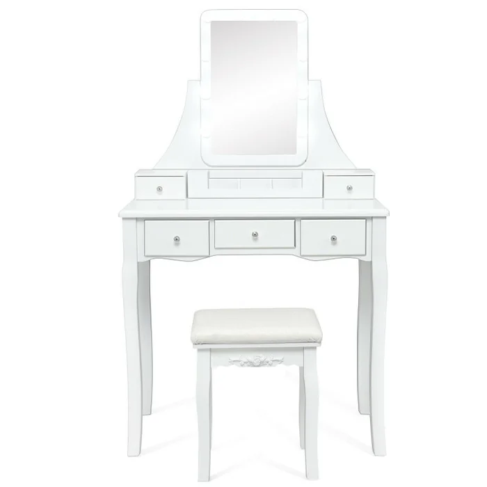 10 Dimmable Light Bulbs Vanity Dressing Table with 2 Dividers and Cushioned Stool
