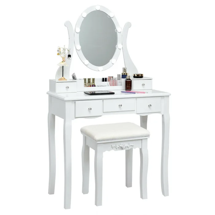 10 Dimmable Lights Vanity Table Set with Lighted Mirror and Cushioned Stool