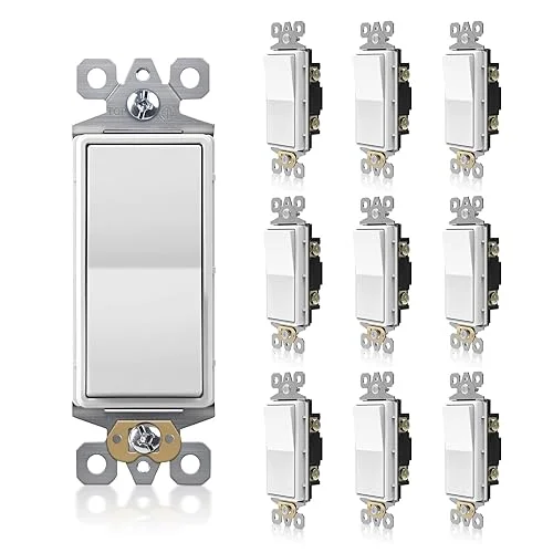 10 Pack Single Pole Decorator Light Switch, Decorative Paddle Rocker Switch Replacement, 15A 120/277V Paddle Light Switch, Self-Grounding, Residential/Commercial Grade, ETL Listed