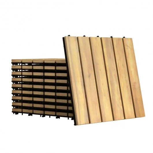 10 PCS 12″ x 12″ Acacia Wood Interlocking Stripe Deck Tiles