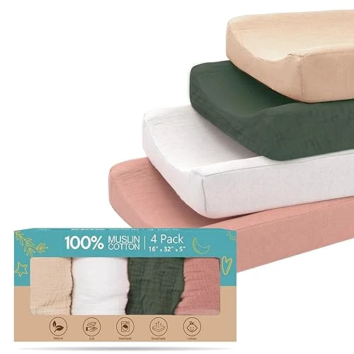 100% Muslin Changing Pad Cover Pack of 4-32×16 Ultra Soft 120GSM Baby Changing Pad Covers for Girls and Boys – Easy wash Diaper Changing pad Cover with Low Shrinkage