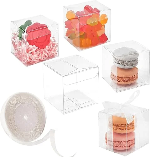 100 Pack 2x2x2 Inches Clear Favor Boxes with Ribbons, Transparent Cube Treat Boxes for Candy Mini Cupcake & Chocolate Bomb, Individual Macaron Packaging Box for 2