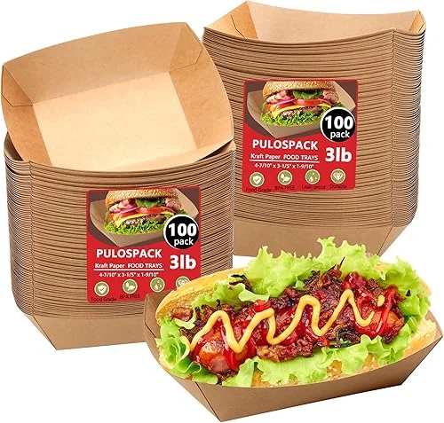 100 Pack 3lb Heavy Duty Paper Food Trays Kraft Leak proof Paper Food Boats Disposable Nacho Trays Takeout Food Trays for Chips Hot Dogs Popcorn Snacks BBQ Party Picnic Wedding