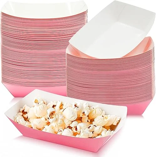 100 Pack Disposable Paper Food Boats, 2lb Pink Paper Trays, Kraft Food Serving Boats for Snacks, Hot Dog, Popcorn, Sandwich, Taco, Fries, Nacho