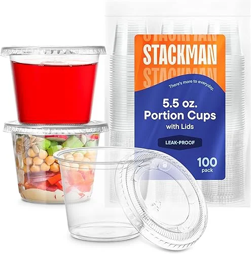[100 Sets – 5.5 oz.] Plastic Clear Portion Cups, Snack / Yogurt /Parfait/ Pudding / Souffle /Dessert Cups, Disposable Containers with Lids 5.5oz.