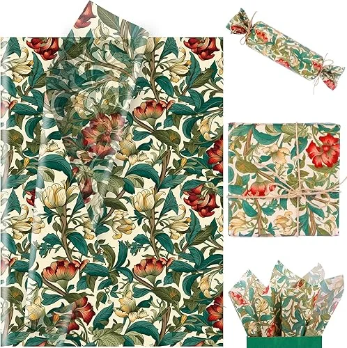 100 Sheet William Morris Tissue Paper, 20×14 inch Vintage Blue Green Floral Printed Wrapping Paper Seamless Print Botanical Flower Tissue Paper for Birthday Wedding Bridal Shower Tea Party DIY Craft
