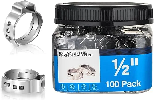 100PCs 1/2 Inch PEX Cinch Clamp Rings, 304 Stainless Steel Pex Crimp Rings for PEX Tubing, Single Ear Hose Clamps, Pipe Fitting Connections