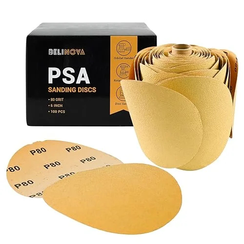 100PCS 6 inch PSA Sanding Discs 80 Grit Self Adhesive Sticky-Back Sandpaper for DA Sander Orbital Sander Aluminum Oxide Sanding Disc Roll for Woodworking Metal Finishing