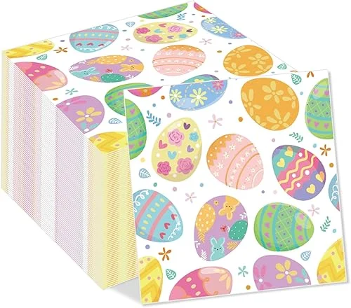 100PCS Easter Egg Paper Napkins Egg Floral Disposable Easter Party Napkins, Flowers Decorative Luncheon Dinner Paper Napkins for Spring Holiday Party Supplies,6.5′ x 6.5′
