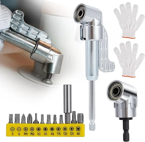 105 Degree Right Angle Drill Adapter,2025 New Corner Tool Screw Hub,1/4′ Hex Shank Driver Angle Drill Attachment with Multi-function Bend Screwdriver Bit,with gloves for Household Work