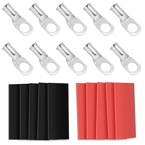 10pcs Sanuke 1/0 AWG – 1/2′ Tinned Copper Wire Lugs Ring Terminals, Marine Grade Battery Cable Ends with 3:1 Dual Wall Adhesive Heat Shrink Tubing