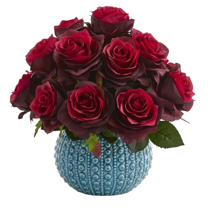 11.5” Rose Artificial Arrangement in Blue Ceramic Vase