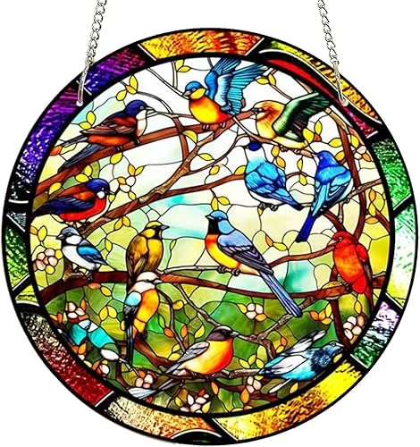11.8'' Birds Acrylic Window Hangings, Birds Stained Window Panel Hangings Colorful Window Hanging Panel Indoor Outdoor Home Garden Ornaments (Bird Concert)