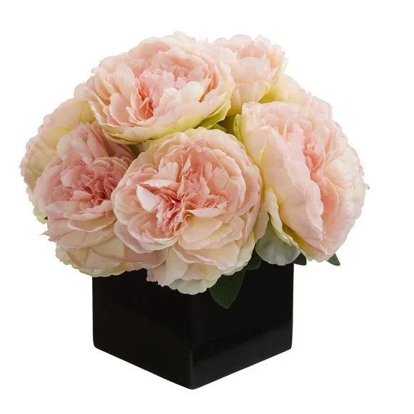 11″ Peony Artificial Arrangement in Black Vase
