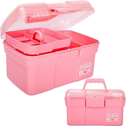 11in Mutipurpose Storage Box Organizer with Removable Tray, Portable Small Craft Box with Handle, Plastic Clear Tool Box Art Case for Makeup, Sewing, Nail, Hair Accessories (Pink)