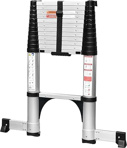 12.5FT One-Button Retraction Telescoping Ladder, Aluminum Lightweight Extension Ladder w/Non-Slip Foldable Feet, Compact Collapsible Ladder for RV, Household, Outdoor, 330lbs Capacity