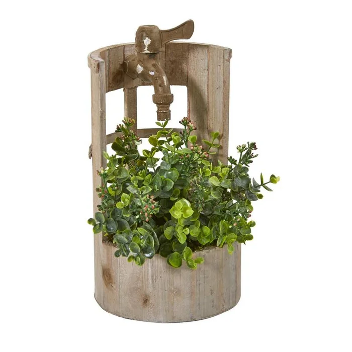 12″ Eucalyptus and Sedum Artificial Plant in Faucet Planter