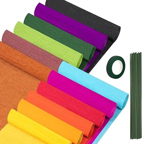 12 Colors Crepe Paper Rolls, 10 x 98Inch Wide Crepe Paper Sheets with Floral Stem Wire and Green Floral Tapes for DIY Gift Wrapping Paper Crafts Birthday Wedding Holiday Paper Flower(Deep Colors)