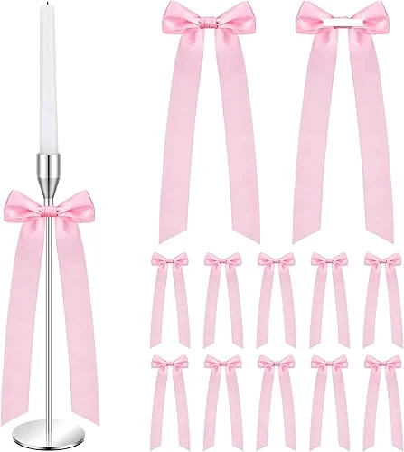 12 Pcs Pink Candlestick Decoration Bows 13 Inch Self Adhesive Large Decorating Ribbon Gift Bows for Candle Holder Gift Wrapping Wedding Bridal Shower Coquette Party Centerpieces Table