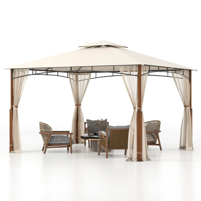 12 x 10 Feet Outdoor Patio Gazebo with Netting and 2-Tier Canopy Roof