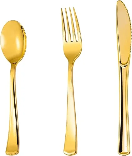120pcs Gold Plastic Silverware, Disposable Silverware Include 60 Forks, 30 Spoons, 30 Knives, Gold Cutlery Set Disposable for Weddings, Party and Daily Use