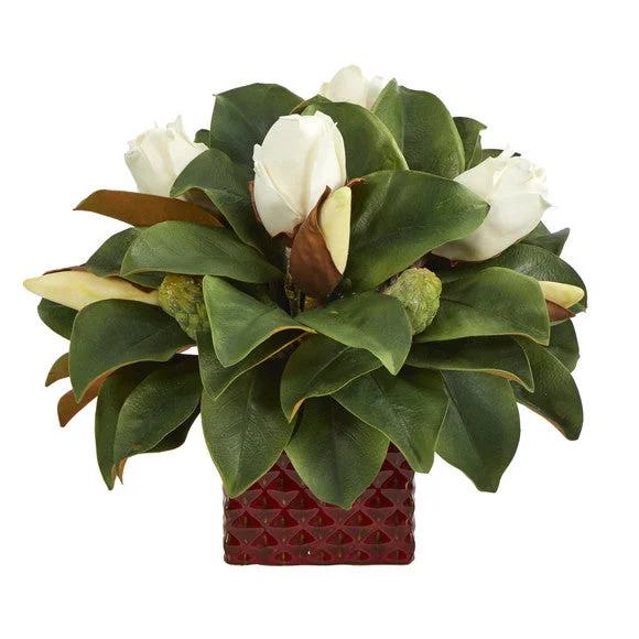 13″ Magnolia Bud Artificial Plant in Red Planter