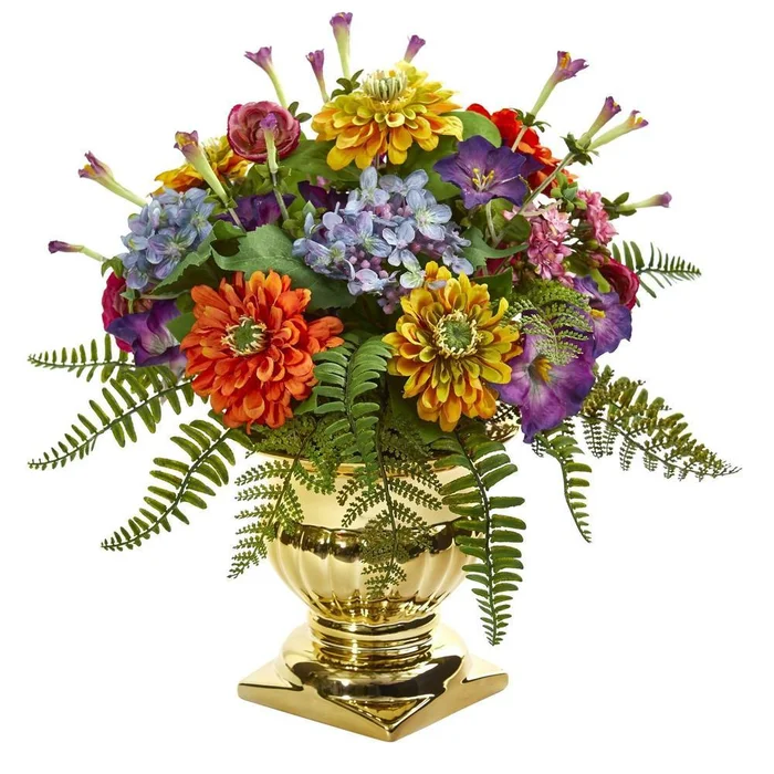 14” Mixed Floral Artificial Arrangement in Gold Urn