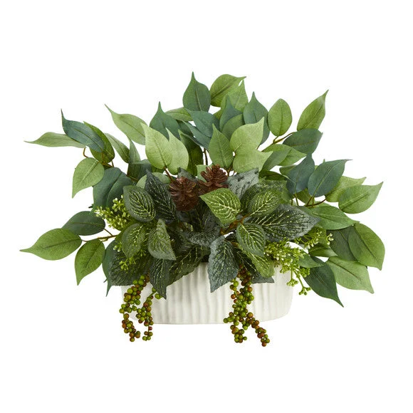 14″ Mixed Greens Artificial Plant in White Planter