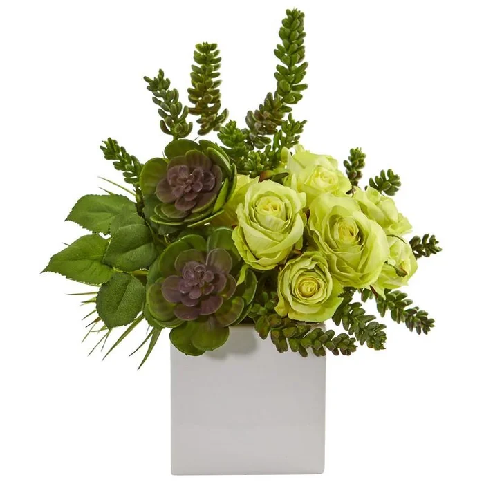 14″ Rose & Succulent Artificial Arrangement in White Vase
