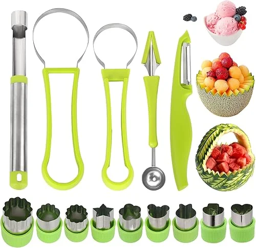 14 Pack Melon Baller Scoop Set – 4 in 1 Stainless Steel Fruit Tool Set Fruit Scooper Seed Remover with Fruit Vegetable Cutter Shapes Set Fruit Peeler for Fruit Slicer Dig Pulp Separator