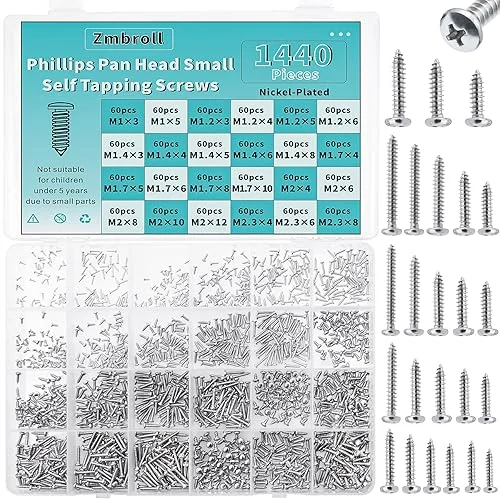 1440Pcs Mini Screws Small Self Tapping Screws,Phillip Pan Head Micro Screws, Tiny Electronic Screws,M1 M1.2 M1.4 M1.7 M2 M2.3 Silver Screws 24 Size Assortment Screw kit