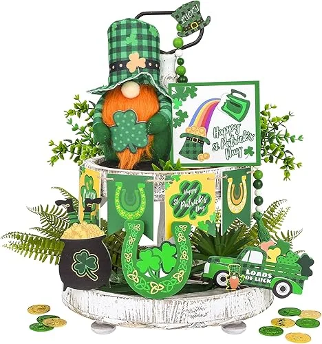 14PCS St Patricks Day Decorations ,Gnomes Plush St. Patrick's Tiered Tray Decor Set Bead Garland Saint Shamrock &Pot of Gold Wood Table Signs Leprechaun Hat Wooden Signs for Home Kitchen Decorations