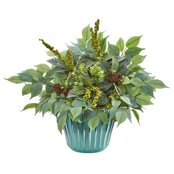 15″ Mixed Fittonia and Ficus Artificial Plant in Turquoise Vase