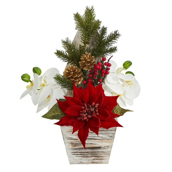 15″ Poinsettia and Orchid Artificial Arrangement in Christmas Tree Vase