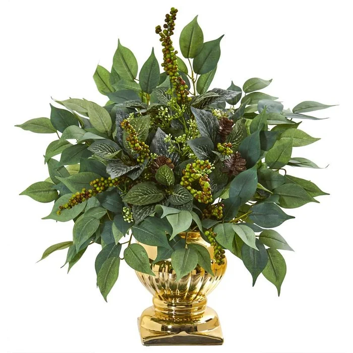 15″ Royal Ficus and Fittonia Artificial Plant in Gold Urn