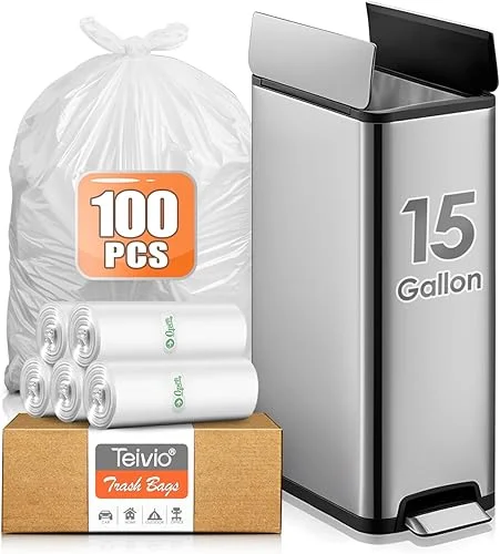 15 Gallon 100 Counts Strong Tall Kitchen Trash Bags,Fit 13,15,16,18 Gal,Garbage Bags by Teivio, Bin Liners, Plastic Bags for home Office,Clear for Bathroom,Industrial, Commercial, Janitorial, Clear