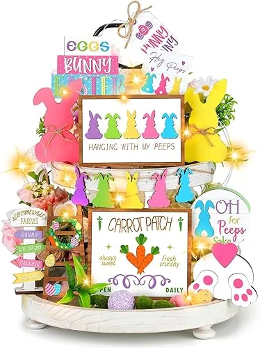15 Pcs Easter Spring Tiered Tray Decor Set Bunny Wooden Table Sign Easter Tiered Tray Decorations Farmhouse Tabletop Sign for Home Kitchen(Bunny)