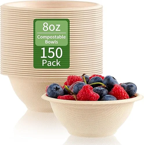 150 Pack 8 oz Paper Bowls Disposable Small Compostable Soup Bowls Natural Sugarcane Biodegradable Bowls for Ice Cream, Desserts, Pet Food