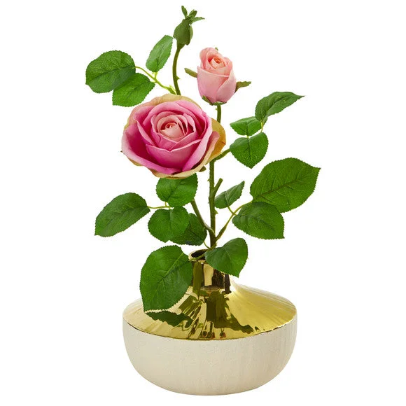 16″ Rose Artificial Arrangement in Gold and Cream Elegant Vase