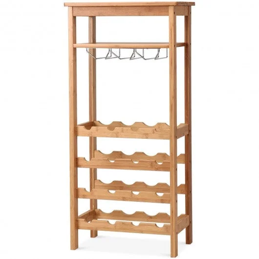 16 Bottles Bamboo Storage Wine Rack with Glass Hanger