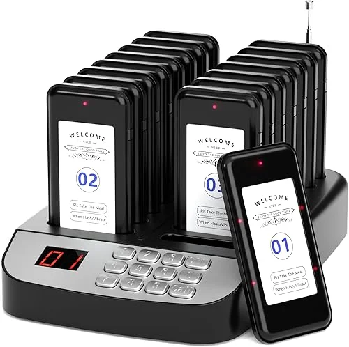16-Buzzer Restaurant Pager System, Wireless Calling System with LCD Screen, Waterproof Queue Waiting Pagers for Hospital Church Food Truck, 984ft-1640ft Indoor Range, Vibrate Flash Beep