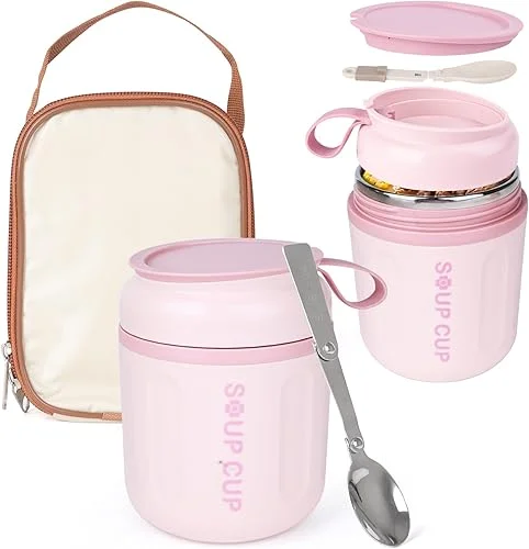 16 OZ Stainless Steel food thermo for hot food, kids lunch insulated food container Double-Walled Vacuum Soup Thermo Keep Hot & Cold 14H (Pink)