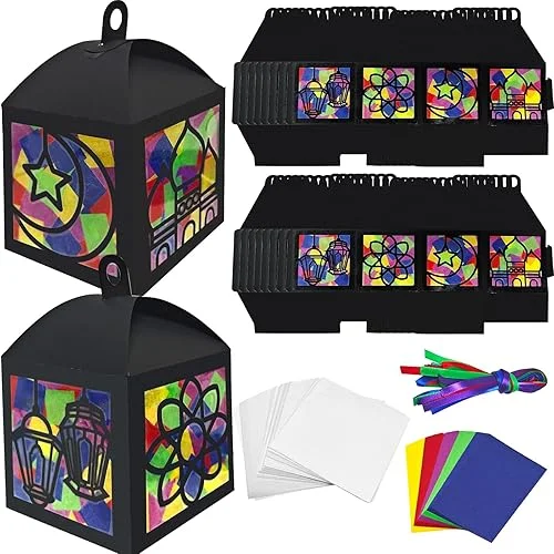 16 Sets Ramadan Tissue Craft Kits Eid Mubarak Crafts DIY Lanterns Craft Bulk Eid Paper Suncatchers Craft Kit Make Your Own Ramadan Mosque Scene for Ramadan Eid Mubarak Party Supplies Class Activities