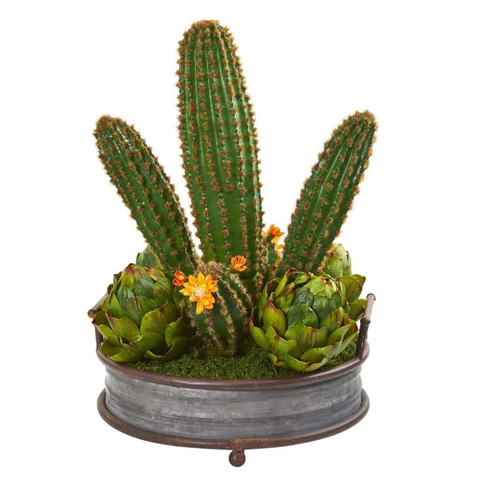 17″ Cactus and Artichokes Garden Artificial Plant in Metal Planter