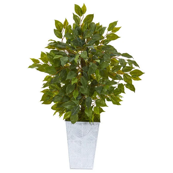17″ Mini Ficus Artificial Tree in Embossed White Planter