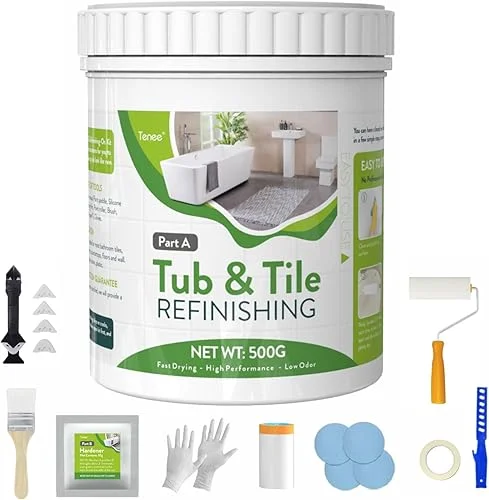 17oz Water Based Tub and Tile Refinishing Kit with 8 Tools, White Low Odor Tub and Tile Paint for Bathroom, Semi-Gloss Finish Bathtub Refinishing Kit for Shower, Fiberglass, Kitchen, Sink