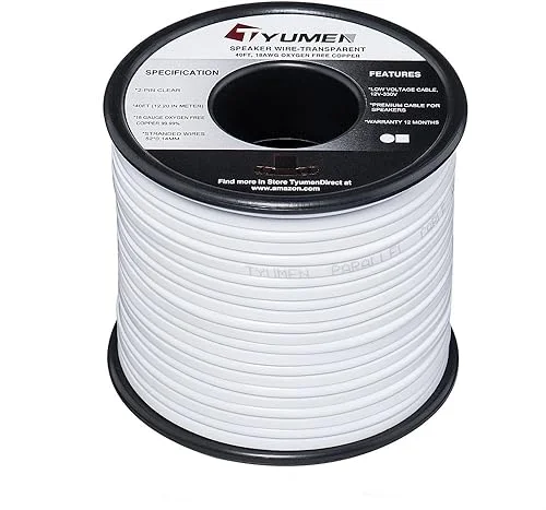 18 AWG Gauge 2 Conductor Stranded 40 FT Roll Speaker Zip Wire Car Home Audio Cable, 99.95% Oxygen Free Copper Wires, White